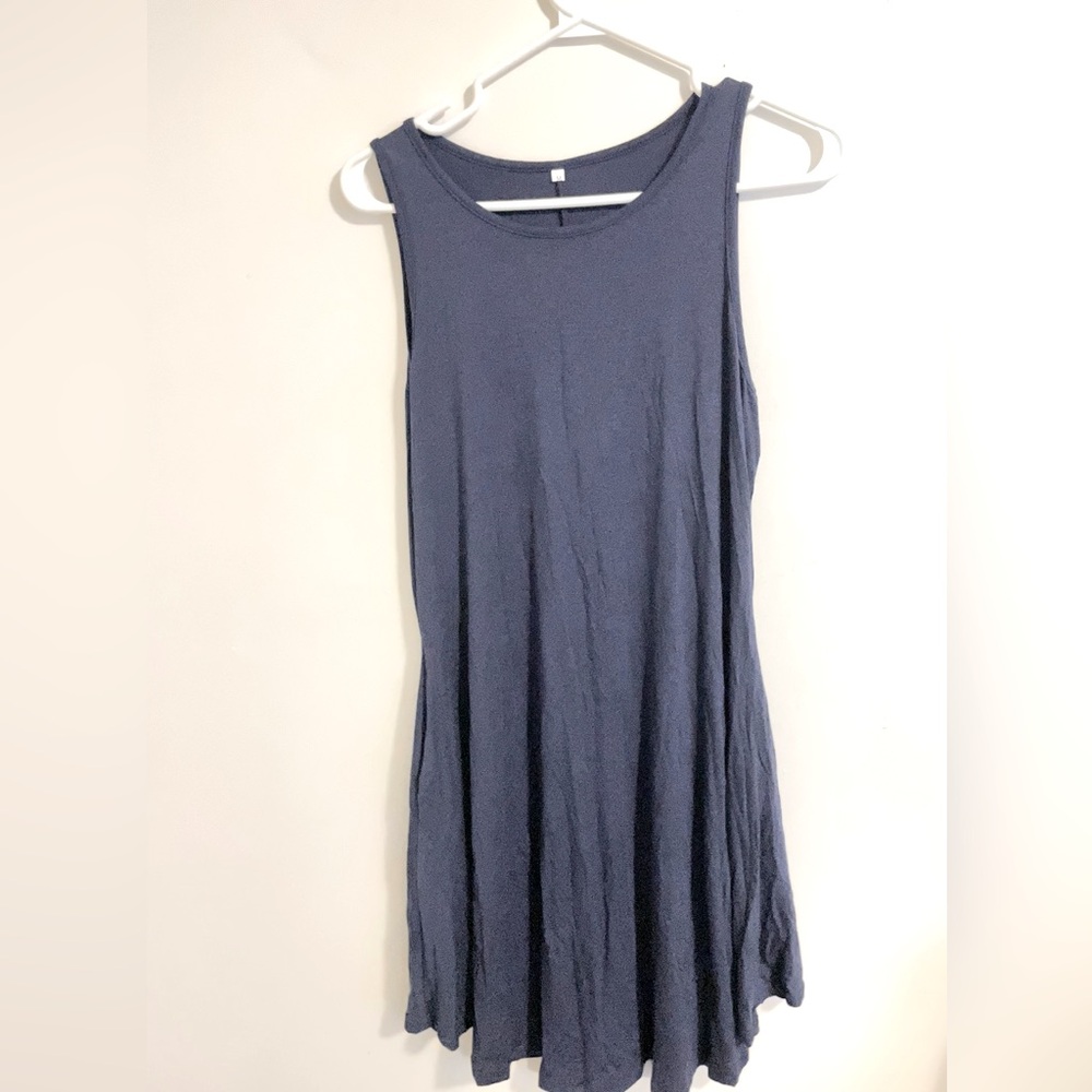 Sz M maxi midi sleeveless round neck spandex dress navy blue stretchy